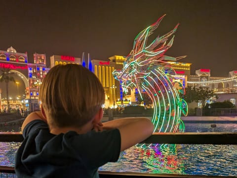 Global Village lit up at night