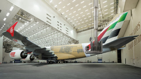 Inspired by brown paper packages, Emirates' unique livery was unveiled on Friday.