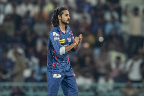 Lucknow Super Giants spinner Digvesh Rathi celebrating the wicket of Abhishek Sharma in his own signature style on Monday.