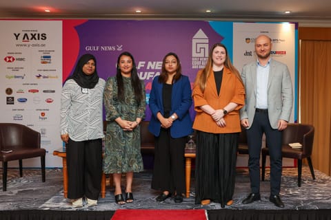 Reshma Ibrahim Belma Kankoor, CU Guidance Counsellor, Asian International Private School, Al Dhannah City, Ariba Rao, School Counsellor, GEMS United Indian School, Aneeta Sumin Joy, School counsellor, International Indian School, Abu Dhabi, Kylee Ann Schnitzer, English Instructor cum University Essay Coach, Score Plus Education, and Andy Awad, Deputy Director, SABIS Regional Centre UAE during a panel discussion on the first day of GN Edufair Abu Dhabi on Saturday.