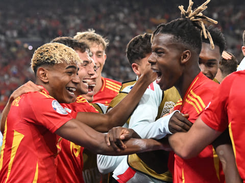 Spanish players, including Lamine Yamal (left) and Nico Williams celebrate scoring the team's fourth goal during the UEFA Nations League semi-final football match against France in Stuttgart, Germany, on June 5, 2025.