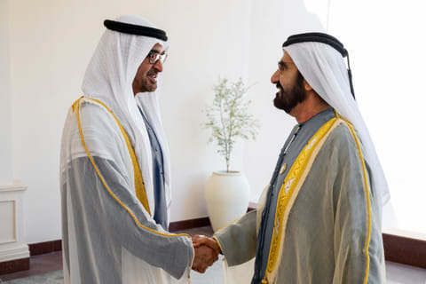 President His Highness Sheikh Mohamed bin Zayed Al Nahyan with His Highness Sheikh Mohammed bin Rashid Al Maktoum, Vice President, Prime Minister, and Ruler of Dubai on the occasion of Eid Al Adha.