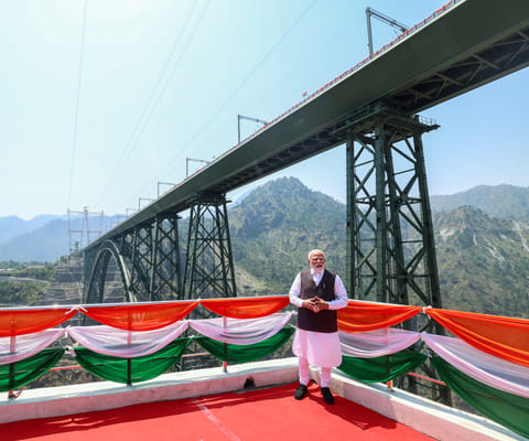 Prime Minister Narendra Modi on the deck of the Chenab RailBbridge - the world’s highest railway arch bridge on the Chenab River, during its inauguration, in Reasi on Friday.