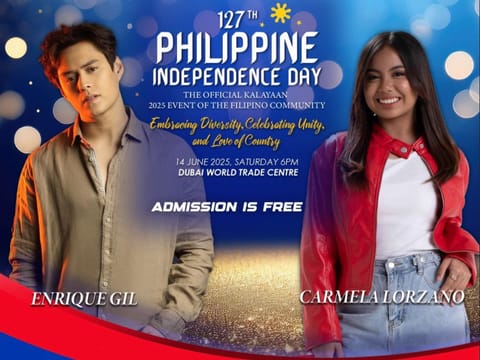 Catch the stars live! Meet Enrique Gil, one of the Philippines’ ultimate heartthrobs, and Carmela Lorzano, the “Vocal Sweetheart” herself — LIVE at Dubai World Trade Centre for the biggest Philippine Independence Day celebration in the UAE!