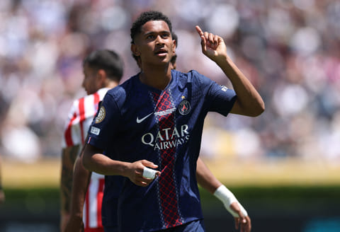 Senny Mayulu of PSG celebrates after scoring the third goal during the Fifa Club World Cup 2025 group B match against Club Atletico de Madrid at Rose Bowl Stadium on June 15.