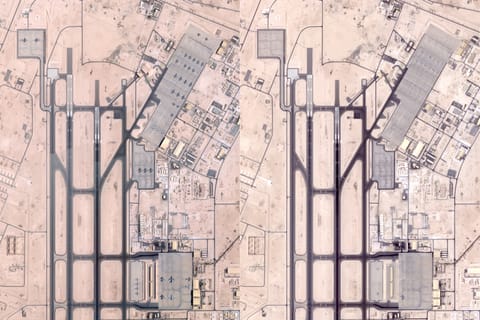 This is a combination of handout satellite photos obtained from Planet Labs PBC on June 19, 2025. The photo taken on June 5, 2025 (left), shows military planes at the US military base of Al Udeid in Qatar. The photo taken on June 19, 2025, shows no more planes at the base.
