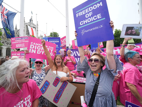 Dignity in Dying campaigners celebrate after the Terminally Ill Adults (End of Life) Bill was passed in the House of Commons, in London, on Friday, June 20, 2025.
