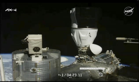 This image provided by NASA shows the SpaceX capsule carrying a crew of four astronauts docks to the International Space Station, carrying the first astronauts from India, Poland and Hungary in more than 40 years, on Thursday June 26, 2025.