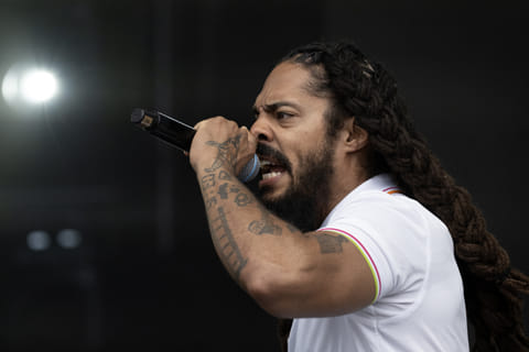 Bobby Vylan of British duo Bob Vylan performs on the West Holts Stage on the fourth day of the Glastonbury festival at Worthy Farm in the village of Pilton in Somerset, south-west England, on June 28, 2025.
