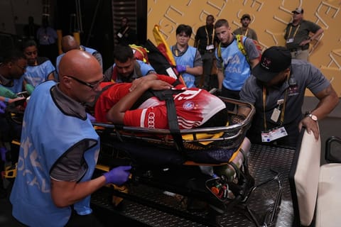 Bayern Munich's Jamal Musiala is taken off the field after an injury during the Club World Cup quarterfinal against PSG in Atlanta in the US on July 5, 2025.