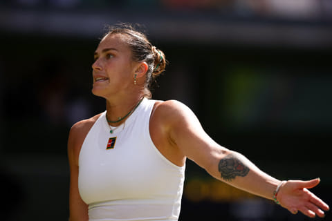 Belarus's Aryna Sabalenka reacts during the women's singles semifinal against US's Amanda Anisimova in the 2025 Wimbledon tennis championships, southwest London, on July 10, 2025.