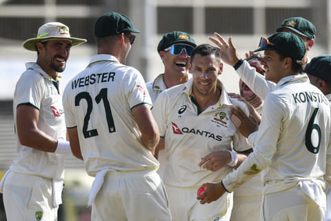 Australian players celebrate during their 3-0 Test series win over West Indies last month.