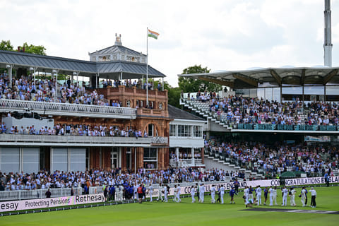 Players walk back to the pavilion after England win the test match on the fifth day of the third cricket test match between England and India at Lord's cricket ground in London, on July 14, 2025.
