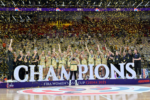 Australia's team celebrates with their trophy during an award ceremony at the 2025 FIBA Women’s Asia Cup basketball tournament in Shenzhen, China’s southern Guangdong province on July 20, 2025.