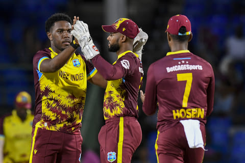 Shai Hope (second from left) celebrates with Jediah Blades during the Twenty20 international. The West Indian skipper feels the bowlers did their job and the batting let the team down.