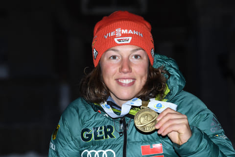 German Biathlete Laura Dahlmeier celebrates during the medal ceremony of the women's 10km pursuit competition at the IBU Biathlon World Championships in Ostersund, Sweden, on March 10, 2019.