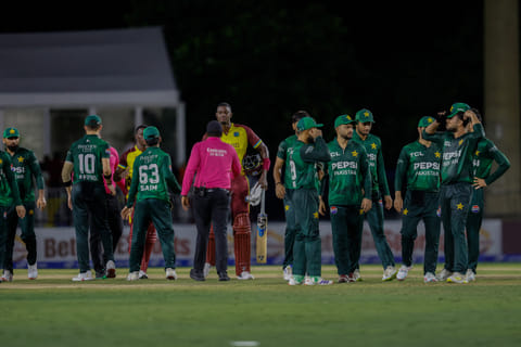 Pakistani players celebrate their win against West Indies in the first Twenty20 in Lauderhill, Florida, on Thursday.