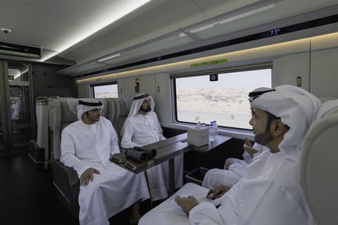 Sheikh Mohammed takes Etihad Rail ride from Dubai to Fujairah, inspects progress of the project