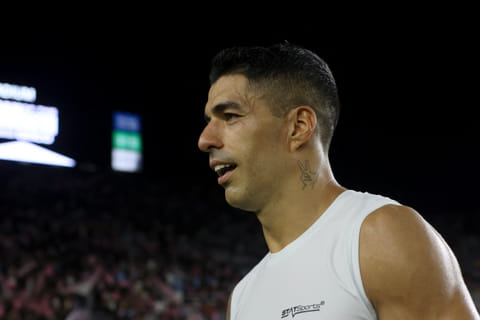 Luis Suarez of Inter Miami CF looks on after defeating Necaxa during the Leagues Cup Phase One match between Inter Miami CF and Club Necaxa at Chase Stadium on August 2, 2025 in Fort Lauderdale, Florida.