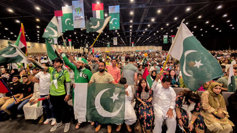 Community members celebrate the Pakistan Independence Day, during an event
organized by Emirates Loves Pakistan and Pakistan Association Dubai at the Dubai Exhibition Centre.