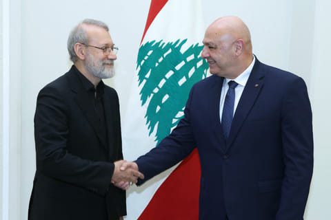Lebanon's President Joseph Aoun (right) meets with Iran's head of the National Security Council Ali Larijani and a delegation at the Presidential Palace in Baabda on August 13, 2025.