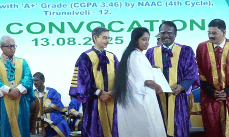 PhD student refuses to receive degree from TN Governor, opts for VC, sparking uproar. Governor Ravi (left) maintained his composure as the graduate bypassed him.