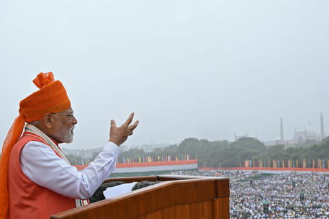 India’s Prime Minister Narendra Modi addresses the nation from the ramparts of the Red Fort during the celebrations to mark country’s Independence Day in New Delhi on August 15, 2025.