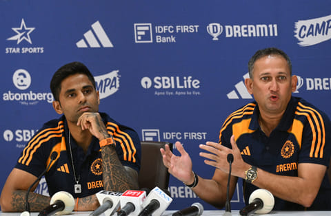 Indian cricket captain Suryakumar Yadav (left) and Ajit Agarkar, Chairman of Indian selection committee, attend a press conference.