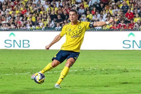 Al-Nassr's Cristiano Ronaldo shoots on goal during the Saudi Super Cup semi-final against Al Ittihad at the Hong Kong Stadium on Tuesday.