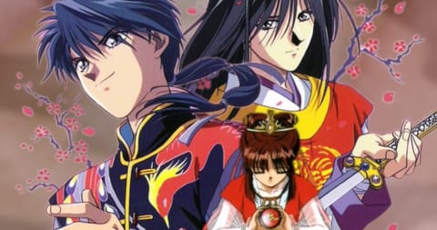 A still from Curious Play: Miaka, Tamahome and Hotohori.