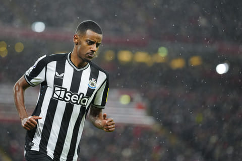 Newcastle's Alexander Isak celebrates after scoring his side's opening goal during the English Premier League match against Liverpool at Anfield stadium in Liverpool, England, Monday, Jan. 1, 2024.