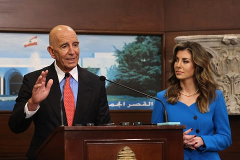 US ambassador to Turkiye Tom Barrack (L) delivers a statement, as he is accompanied by US deputy Middle East envoy Morgan Ortagus, following a meeting with Lebanon's president at the Presidential Palace in Baabda on August 26, 2025. US President Trump said Barrack would also serve as a special envoy to both Syria and Iraq.