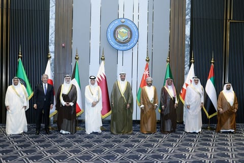 Gulf Cooperation Council (GCC) Secretary-General Jassim al-Budaiwi, Japan's Foreign Minister Takeshi Iwaya, Kuwait's deputy Minister of Foreign Affairs Sheikh Jarrah Jaber Al-Ahmad Al-Sabah, Qatar’s Minister of State for Foreign Affairs Sultan bin Saad Al-Muraikhi, Kuwait's Foreign Minister Abdullah Ali al-Yahya, Oman's Foreign Minister Badr al-Busaidi, Saudi Arabia's Undersecretary of the Ministry of Foreign Affairs for International Affairs Abdulrahman Al-Rassi, Bahrain's Foreign Minister Abdullatif bin Rashid al-Zayani and UAE's Minister of State within the Ministry of Foreign Affairs Khalifa Shaheen al-Marar pose for a group photo following the Gulf Cooperation Council (GCC) Foreign Ministers meeting with Japan's Foreign Minister in Kuwait City on September 1, 2025.