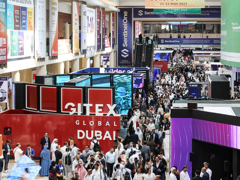 The calendar features a diverse mix of exhibitions and conferences spanning technology, sustainability, healthcare, food and beverage, energy, construction, transport, finance, and education.