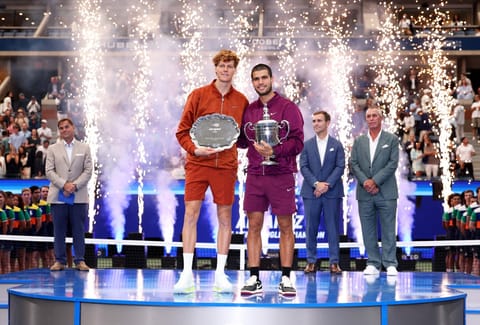 Jannik Sinner of Italy and Carlos Alcaraz of Spain pose following their Men's Singles Final match on Day Fifteen of the 2025 US Open at USTA Billie Jean King National Tennis Center on September 07, 2025 in New York City.