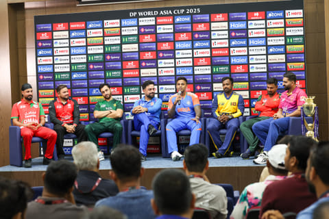 (From right) Captains Muhammad Waseem (UAE), Litton Das (Bangladesh ), Charith Asalanka (Sri Lanka), Surya Kumar Yadav (India ), Rashid Khan (Afghanistan), , Salman Ali Agha (Pakistan ), Yasim Murtaza (Hong Kong) and Jatinder Singh (Oman) during the Asia Cup press conference.