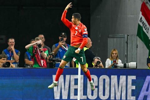 Portugal's forward Cristiano Ronaldo celebrates scoring a penalty goal 1-2 during the 2026 World Cup qualifiers Europe zone group F football against Hungaryon September 9, 2025 in Budapest, Hungary.