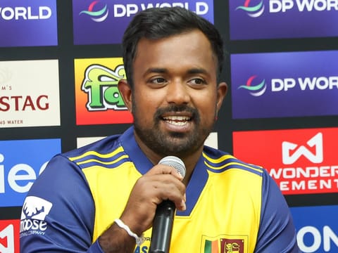 Sri Lanka captain Charith Asalanka talks during the Asia Cup 2025 captain’s press conference.