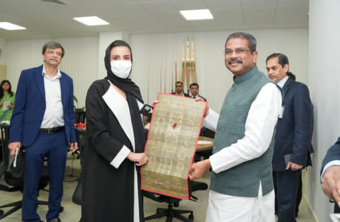 Dharmendra Pradhan and Sara Musallam during their meeting in Abu Dhabi on Wednesday.