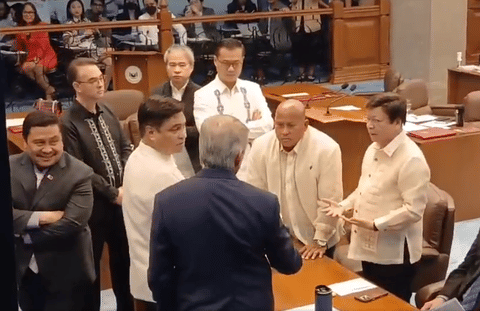 On Wednesday’s plenary session, Senator Bato dela Rosa (second from right) thundered that ex-DPWH engineer Brice Hernandez — a key figure in the scandal — should be in Senate custody, not tucked away at a police detention centre.