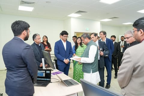 Dharmendra Pradhan interacts with students and faculty during his visit to the IIT Delhi-Abu Dhabi campus on Wednesday.