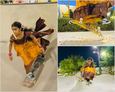 A collage of screengrabs from the viral video showcases Anwita Stalin's skillful performance