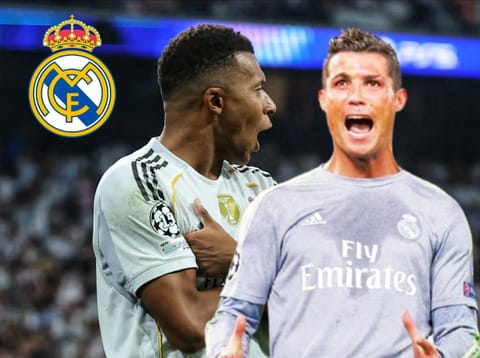 Real Madrid’s French forward #10 Kylian Mbappe with his trademark celebration, alongside Cristiano Ronaldo’s celebration during his time at Real Madrid.