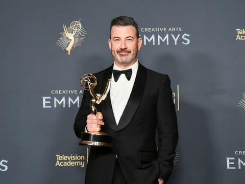 Jimmy Kimmel with the award for host for a game show for "Who Wants to Be a Millionaire" during night two of the Creative Arts Emmy Awards on Sunday, Sept. 7, 2025, at the Peacock Theater in Los Angeles.