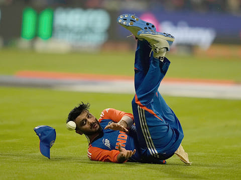 India's Axar Patel drops the catch of Oman's Hammad Mirza during the Asia Cup match at Zayed Cricket Stadium in Abu Dhabi, on Friday, September 19, 2025.