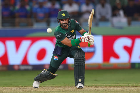 Pakistan opener Sahibzada Farhan plays a shot against India during their match at Dubai International stadium on Sunday.
