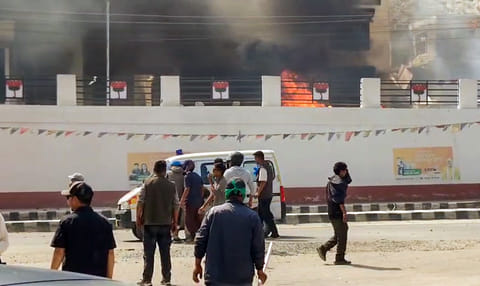 Bhartiya Janta Party (BJP) Office set on fire during a massive protest over the statehood demand and the inclusion of Ladakh under the Sixth Schedule, in Leh on Wednesday.