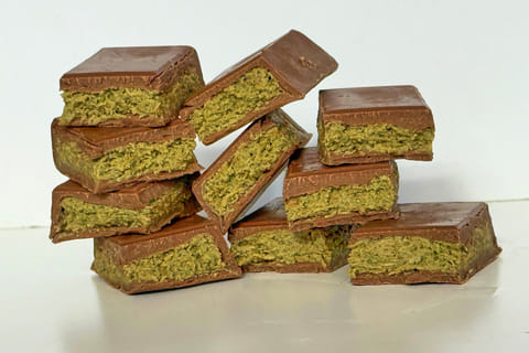 Pieces of Dubai chocolate bars are displayed in New York on Friday, Sept. 26, 2025. (Katie Workman via AP)