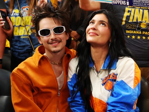 Timothee Chalamet and Kylie Jenner as the Game Six of the Eastern Conference Finals of the 2025 NBA Playoffs between the New York Knicks and the Indiana Pacers at Gainbridge Fieldhouse on May 31, 2025 in Indianapolis, Indiana.