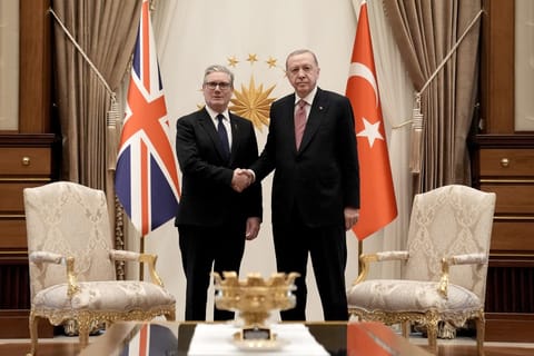 Britain's Prime Minister Keir Starmer with Turkey's President Recep Tayyip Erdogan at the Presidential Palace in Ankara on October 27, 2025.
